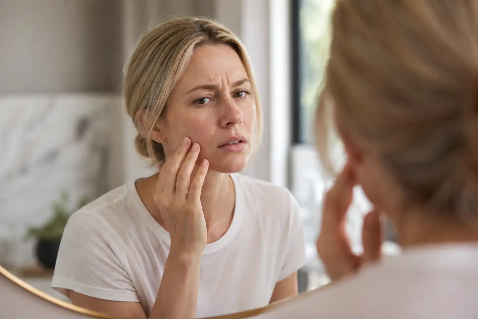Client looking in a mirror before creating an aesthetic treatment plan